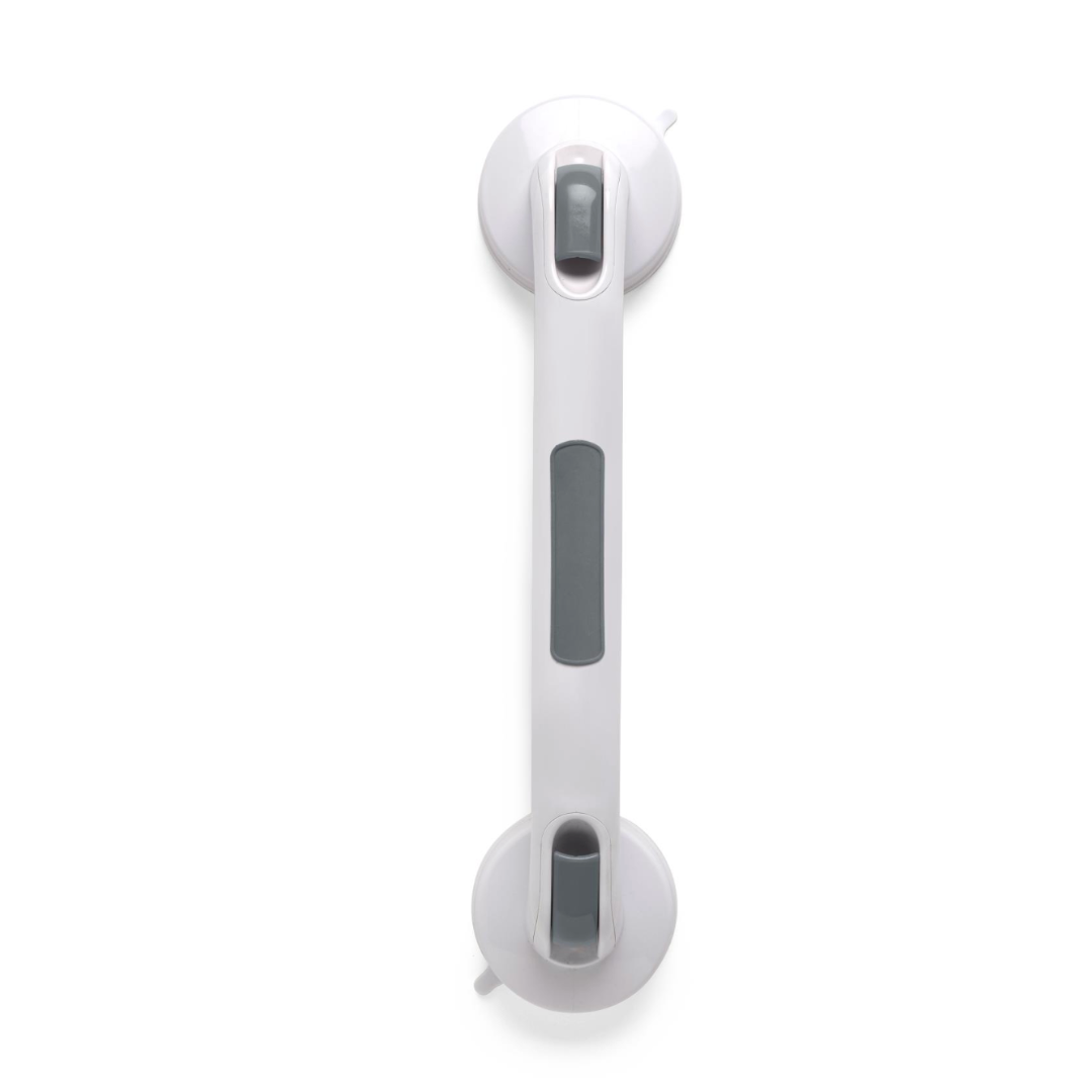 The Medline Suction Cup Shower Grab Bars feature two gray panels and are equipped with suction cups, positioned horizontally for stability. An ideal bathroom safety aid, they include a locking indicator for secure shower support.